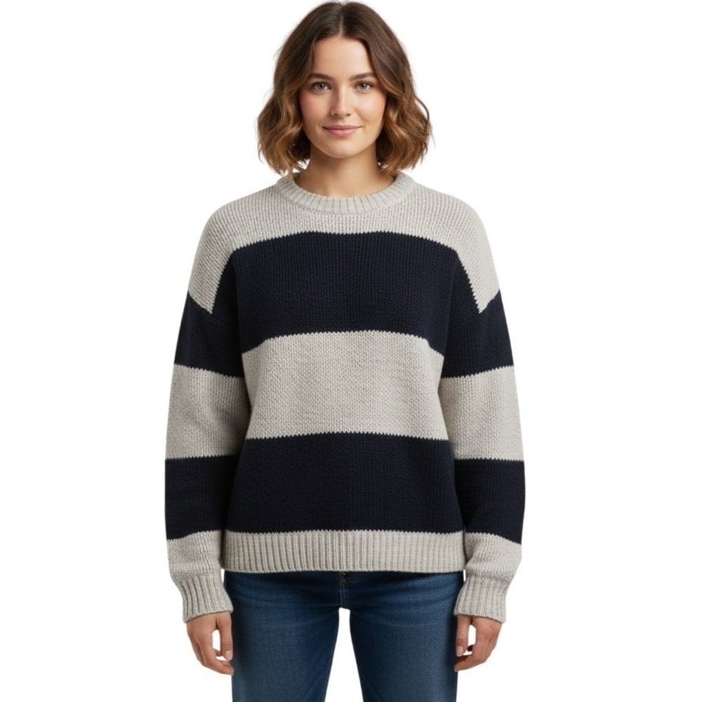 American Eagle Striped‎ Sweater Womens XL Gray Navy Blue Crewneck Relaxed Knit